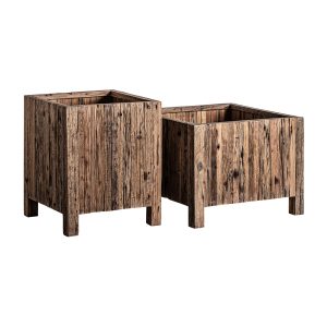 Macetero j 2 Samsun de estilo colonial fabricado en madera recuperada en color marrón. Producto apilable.
