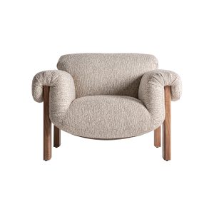 Sillón Uznach de estilo contemporáneo fabricado en madera de caucho en color marrón combinado con poliéster en color beige con acabado jaspeado y espuma.