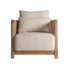 Sillón trena de estilo boho fabricado en madera de teka reciclada en color marrón con acabado natural combinado con polipropileno reciclado en color beige y espuma. Producto desmontable desenfundable.