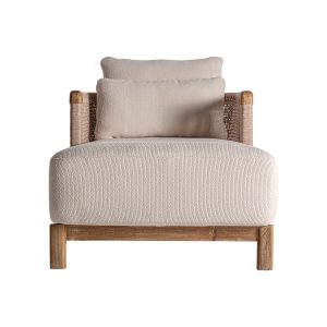 Chaise longue trena de estilo boho fabricado en madera de teka reciclada en color marrón combinado con polipropileno reciclado en color beige y espuma. Producto desmontable desenfundable.