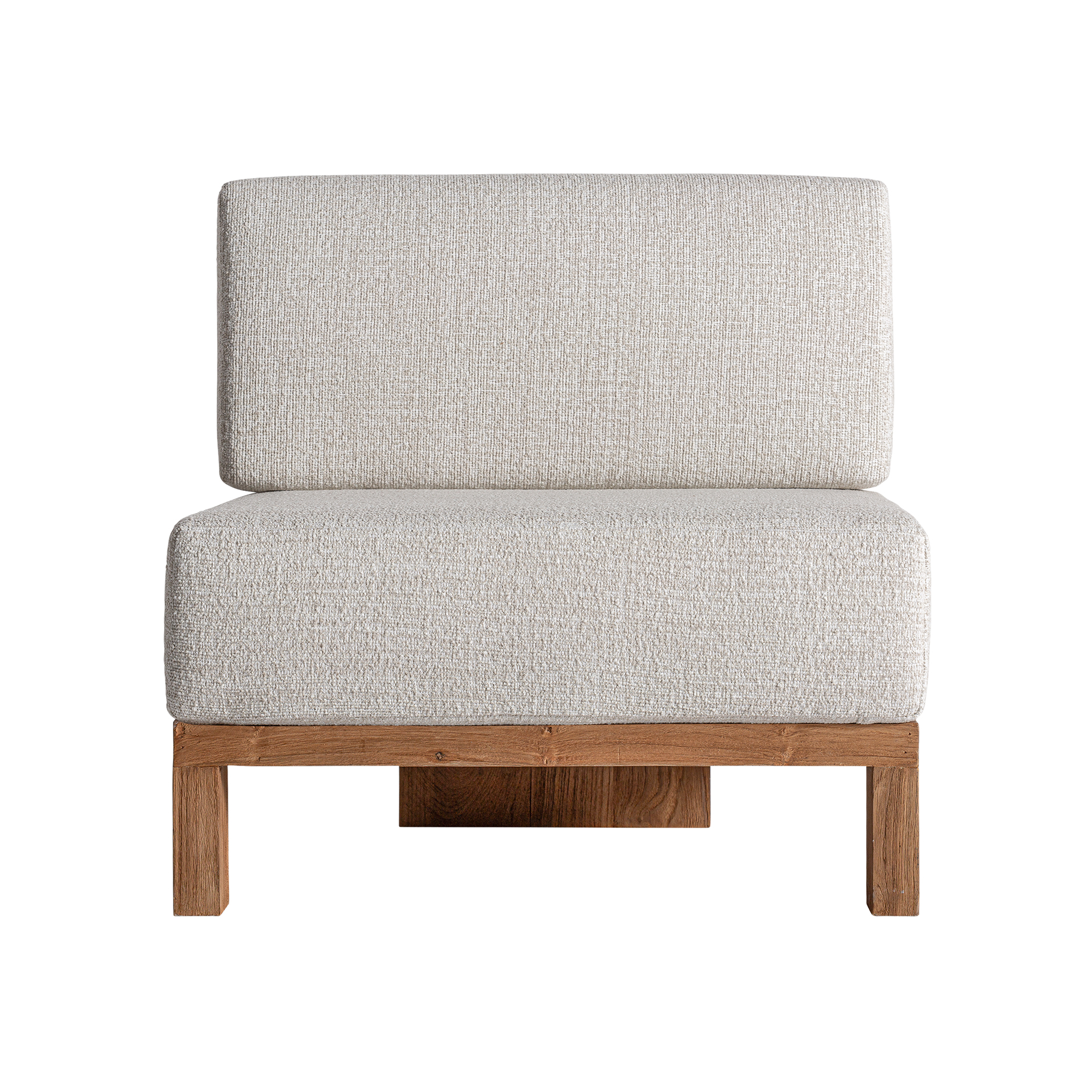 Módulo sofá central testa de estilo colonial fabricado en madera de teka reciclada en color marrón con acabado natural combinado con polipropileno reciclado en color tonos en marrón con acabado jaspeado y espuma. Producto desmontable desenfundable.