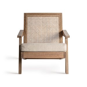 Sillón wesweil de estilo art deco fabricado en madera de mango en color marrón combinado con madera dm en color beige.