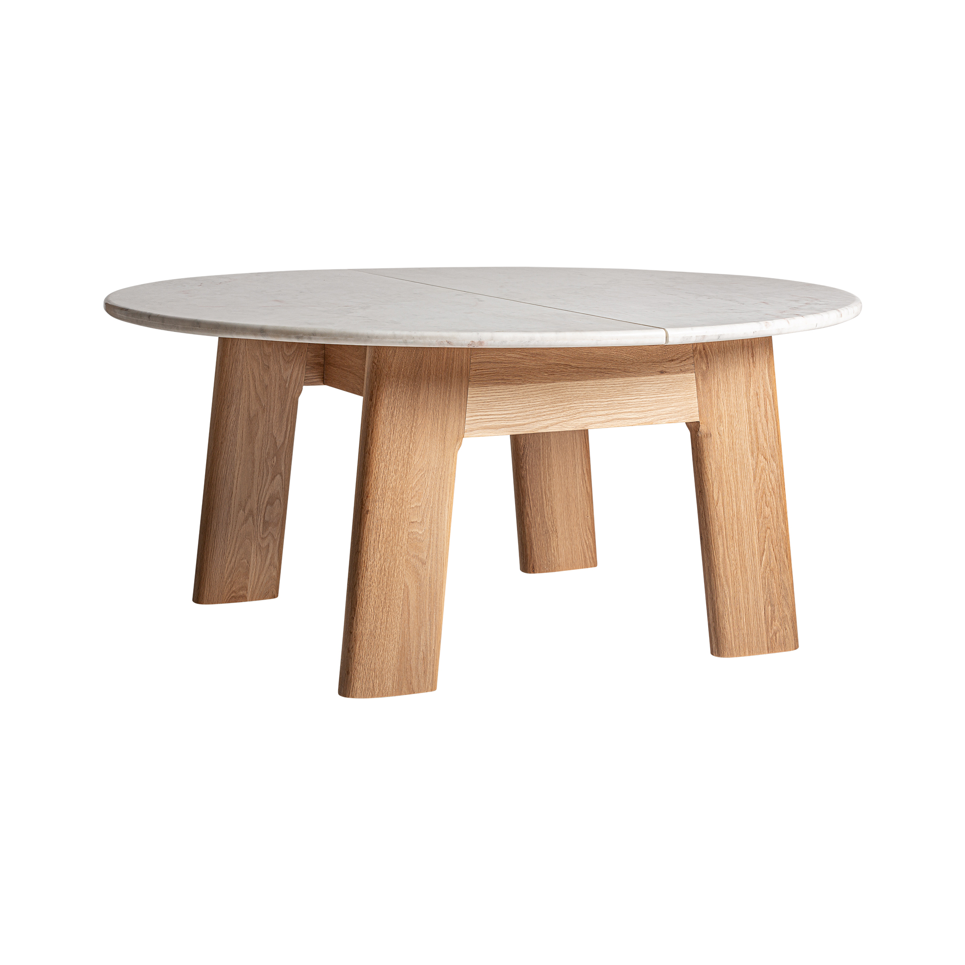 Mesa comedor nara de estilo contemporáneo fabricado en mármol en color blanco combinado con madera roble en color marrón claro. Producto desmontable.