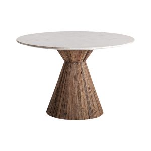 Mesa comedor toigne de estilo contemporáneo fabricado en madera tropical en color marrón combinado con mármol en color blanco. Producto desmontable.