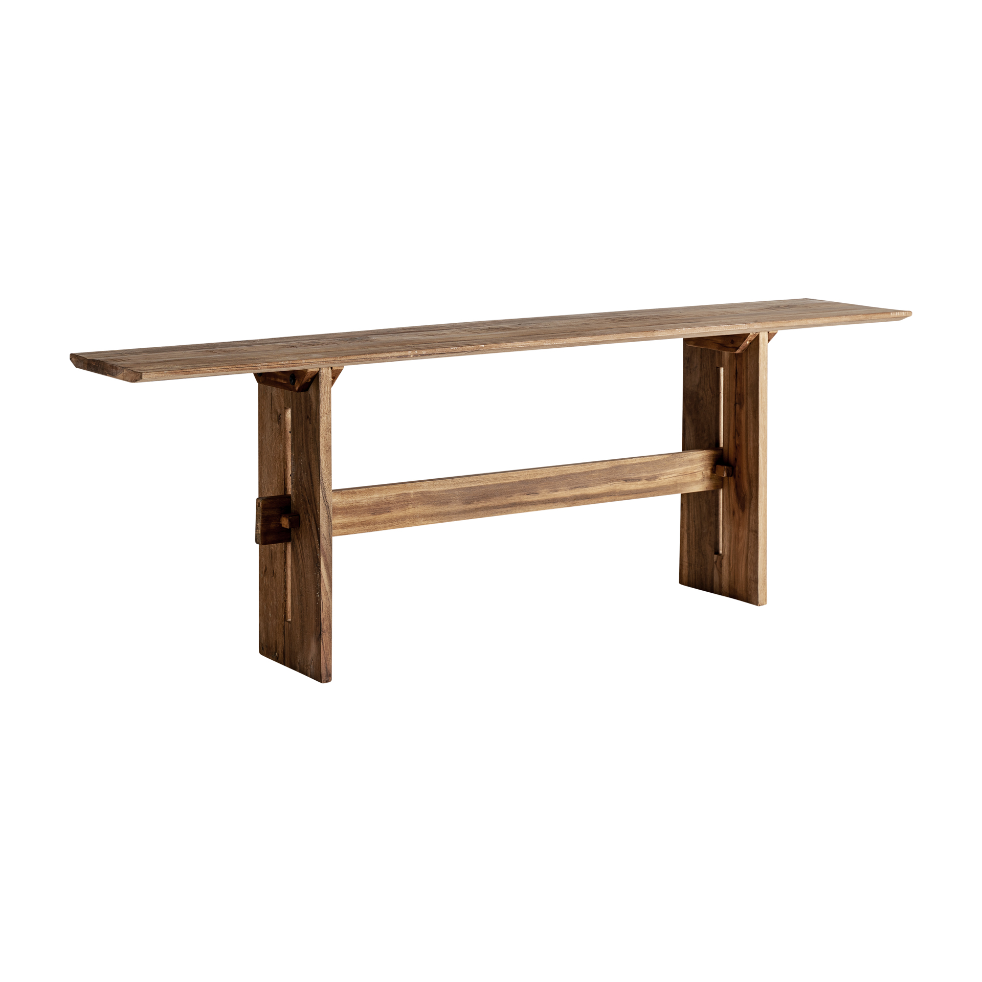 Consola cotard de estilo nórdico fabricado en madera recuperada en color marrón con acabado natural. Producto desmontable.