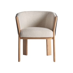 Silla nara de estilo contemporáneo fabricado en piel en color negro marrón combinado con madera roble en color marrón con acabado natural y poliéster en color beige con acabado jaspeado.