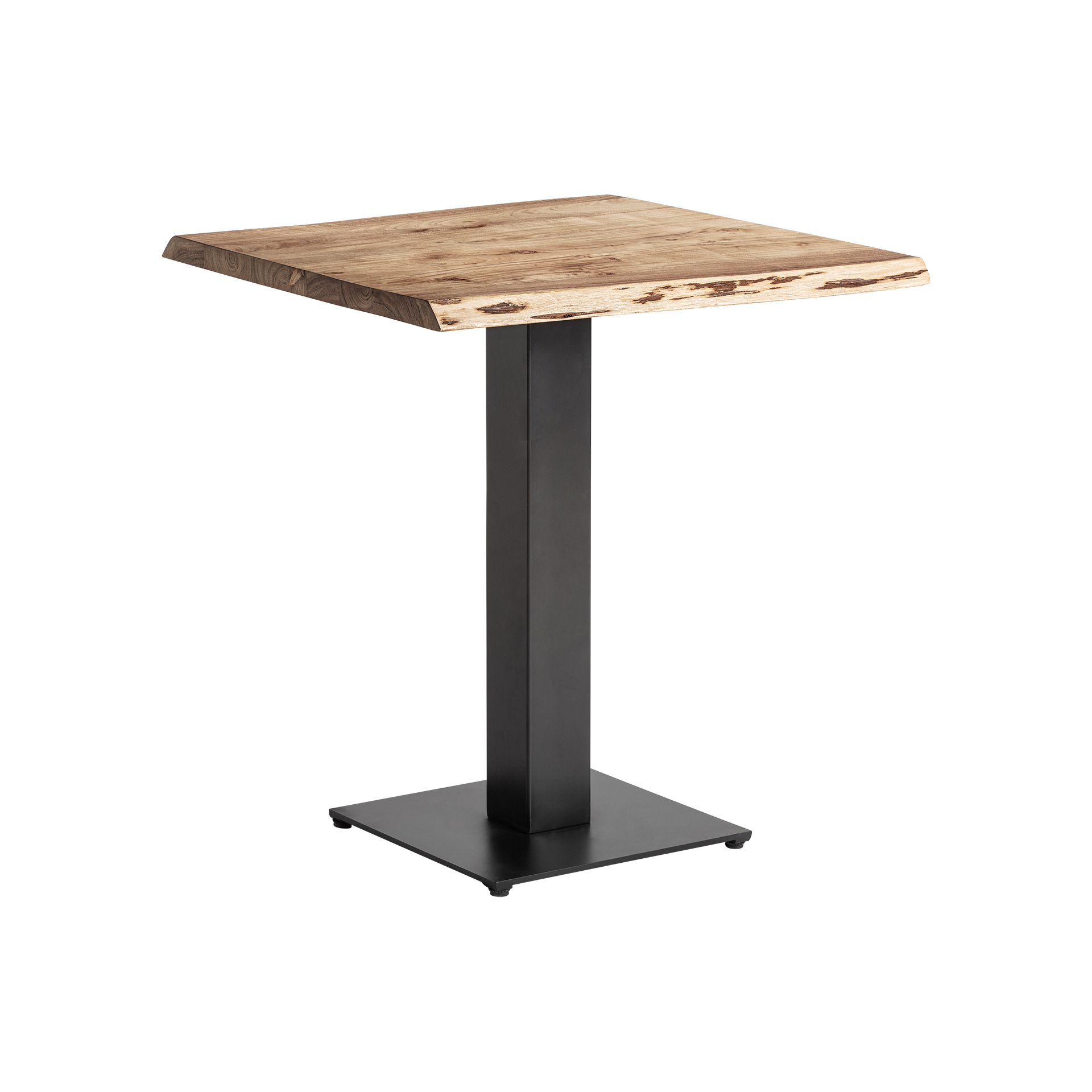 Mesa bar Tinjat de estilo industrial fabricado en madera de acacia en color marrón combinado con hierro en color negro. Producto desmontable.