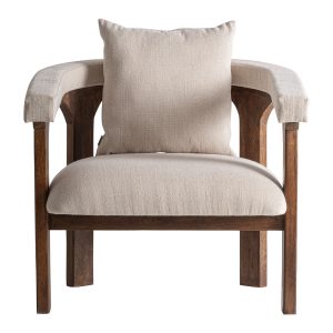 Sillón racoud de estilo contemporáneo fabricado en madera de mango en color marrón combinado con madera dm en color beige y poliéster. Producto desenfundable.