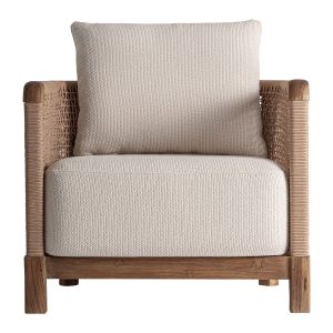 Sillón trena de estilo boho fabricado en madera de teka reciclada en color marrón combinado con polipropileno reciclado en color blanco. Producto desmontable.