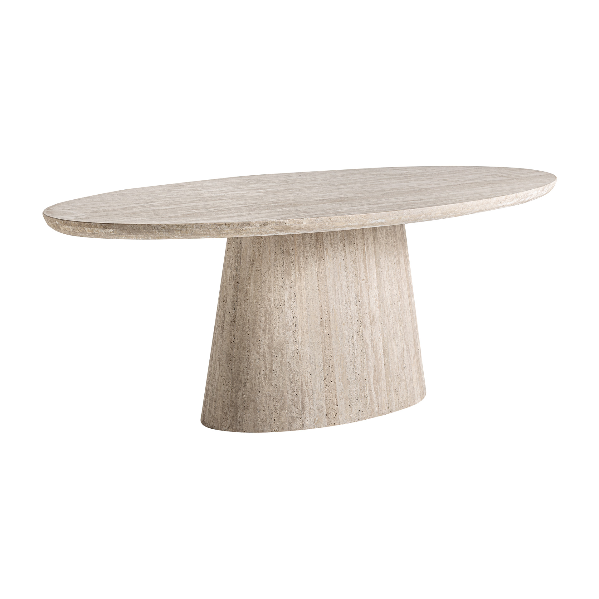 Mesa comedor Thiennes de estilo art deco fabricado en travertino en color marrón claro. Producto desmontable.