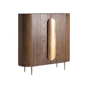 Armario Treignac de estilo art deco fabricado en chapa de roble en color marrón con acabado teñido combinado con madera dm y acero inoxidable en color oro con acabado mate. Producto desmontable.