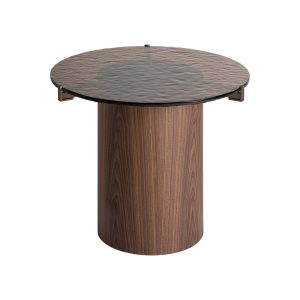 Mesa auxiliar Giswil de estilo art deco fabricado en madera contrachapada en color marrón combinado con cristal en color ambar con acabado texturizado. Producto desmontable.