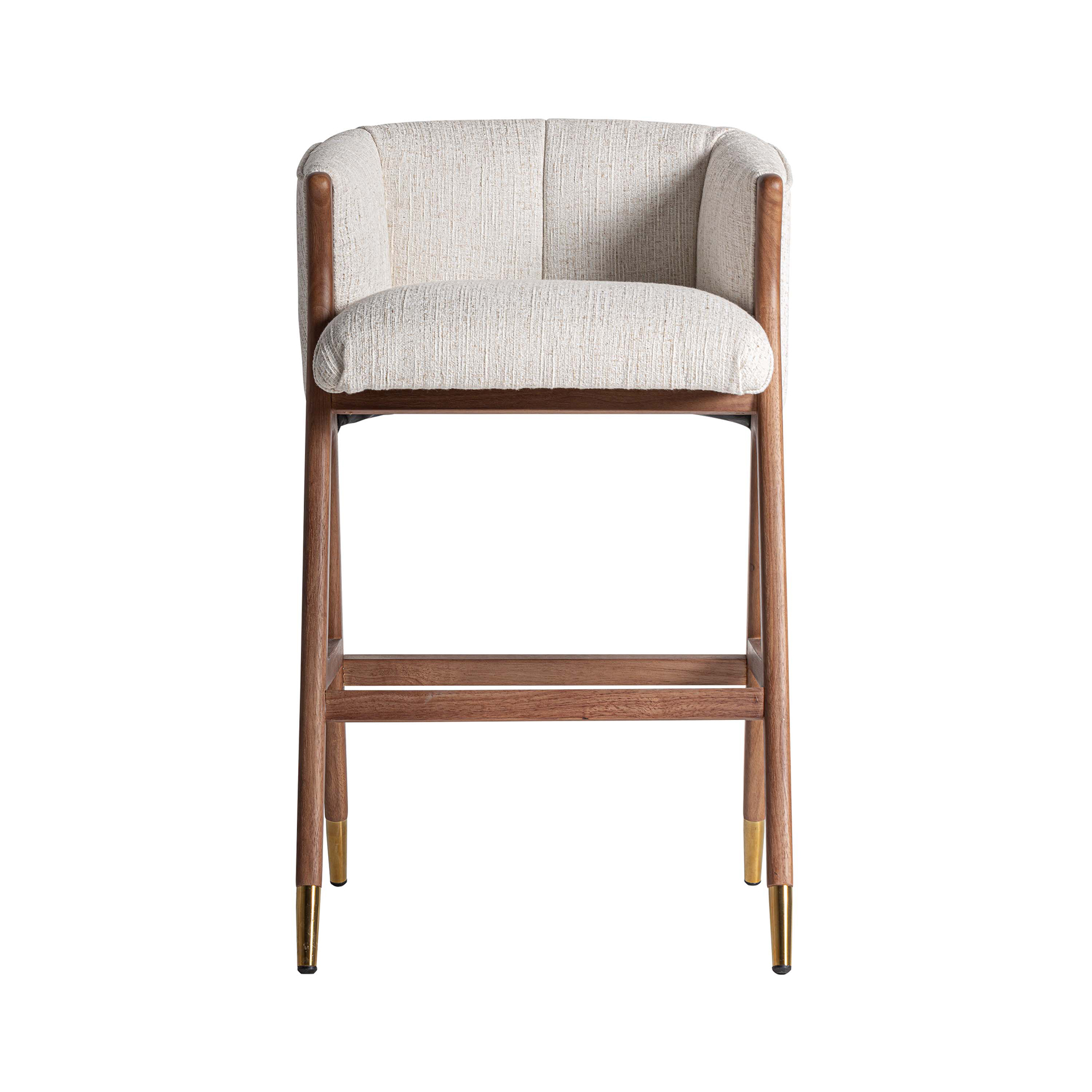 Taburete douze de estilo contemporáneo fabricado en madera de caucho en color marrón combinado con acero inoxidable en color oro y poliéster en color beige.