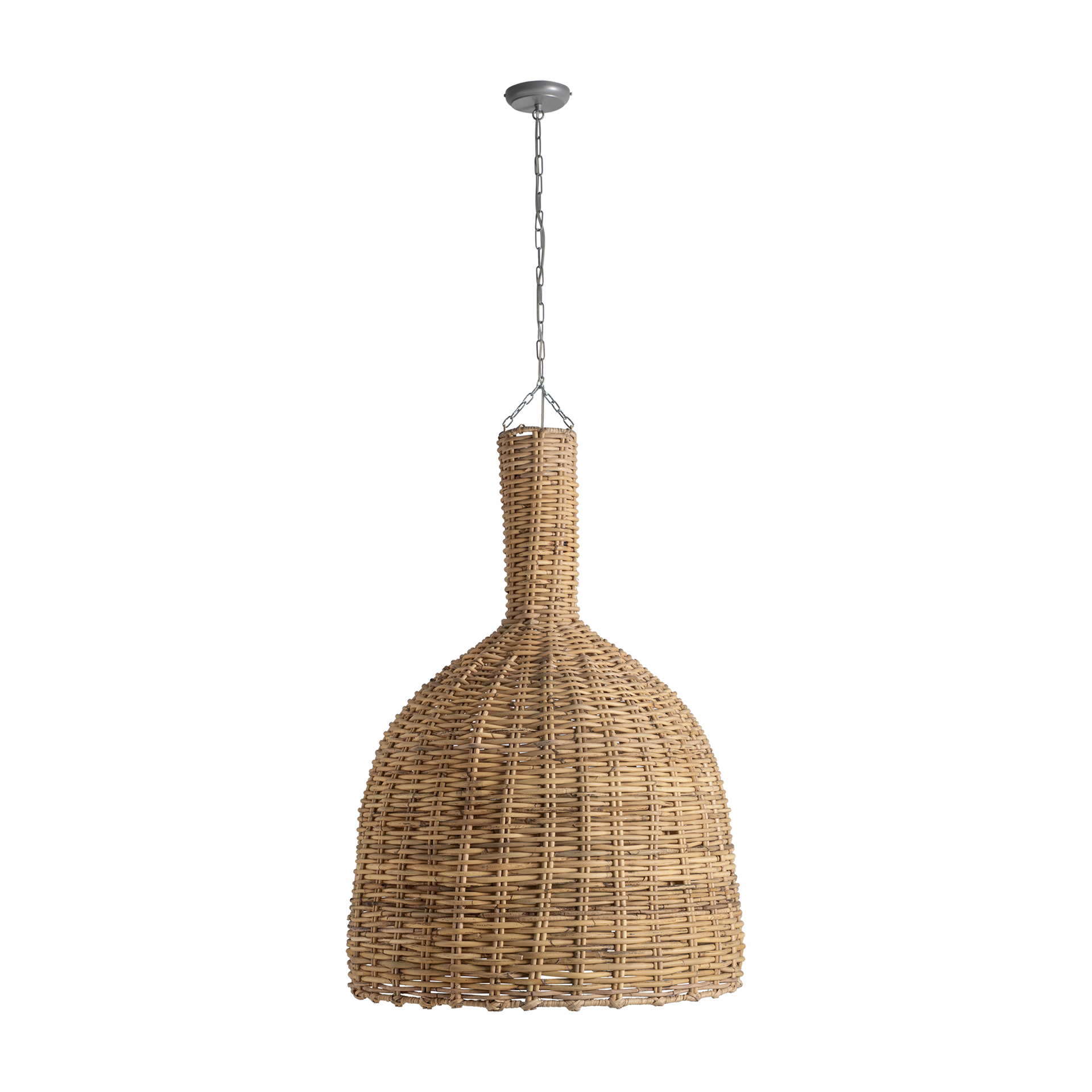 Lámpara de colgar Bell de estilo boho fabricado en ratán en color marrón claro.