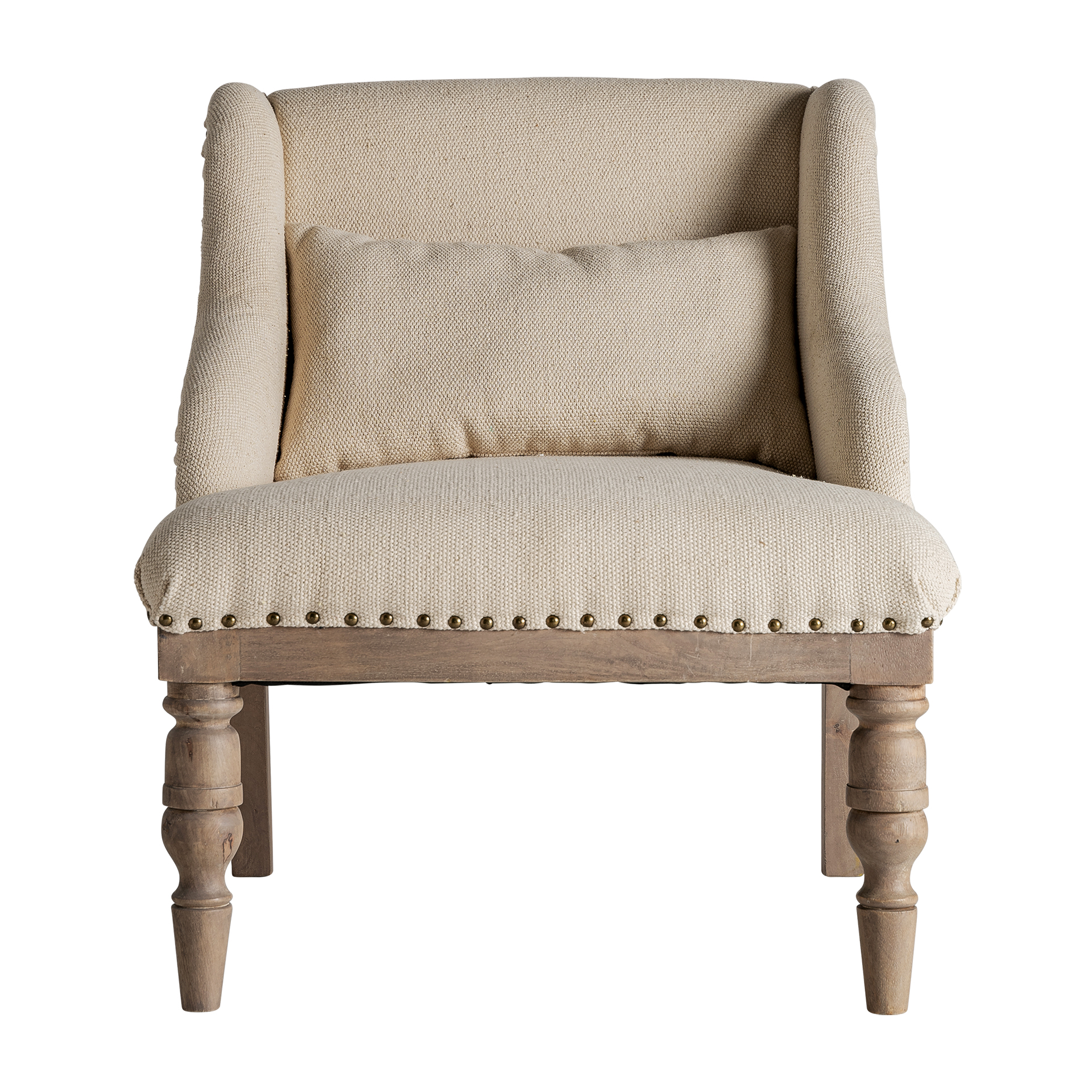 Sillón objat de estilo colonial fabricado en madera de mango en color marrón combinado con poliéster en color beige.