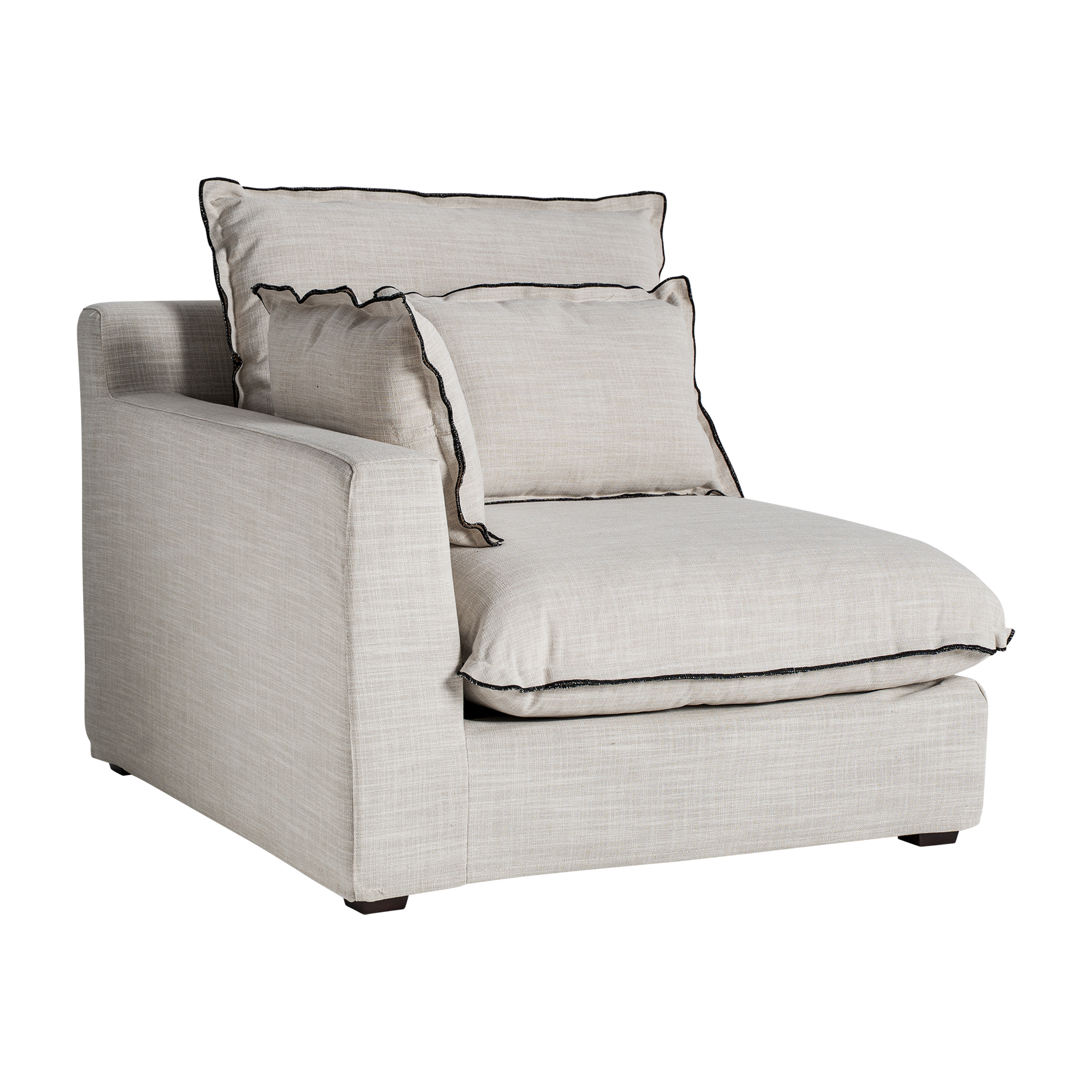 Módulo sofá esquinero Bief de estilo clásico fabricado en poliéster en color blanco roto combinado con madera de pino en color negro y espuma. Relleno: 65% espuma 20% fibra 10% pluma de pato 5% entretela. Producto desenfundable. Compatible con: 35595 35596 35597.