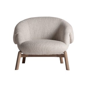 Sillón Jacquard de estilo contemporáneo fabricado en madera de olmo en color marrón claro combinado con poliéster en color beige.
