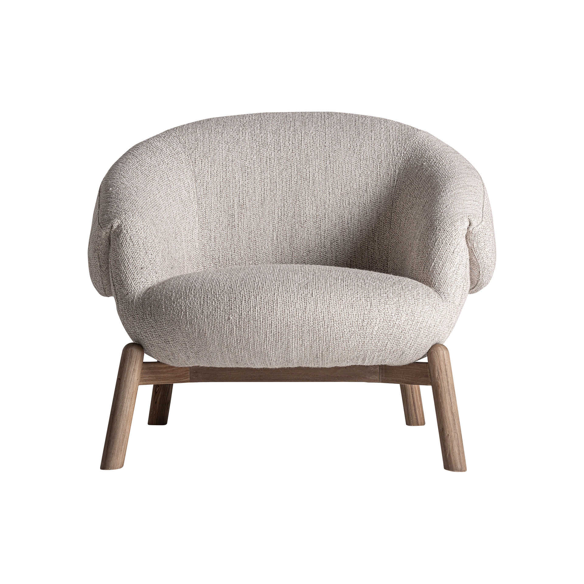 Sillón Jacquard de estilo contemporáneo fabricado en madera de olmo en color marrón claro combinado con poliéster en color beige.