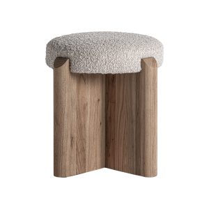 Taburete Jacquard de estilo contemporáneo fabricado en madera de olmo en color marrón claro combinado con poliéster en color beige.