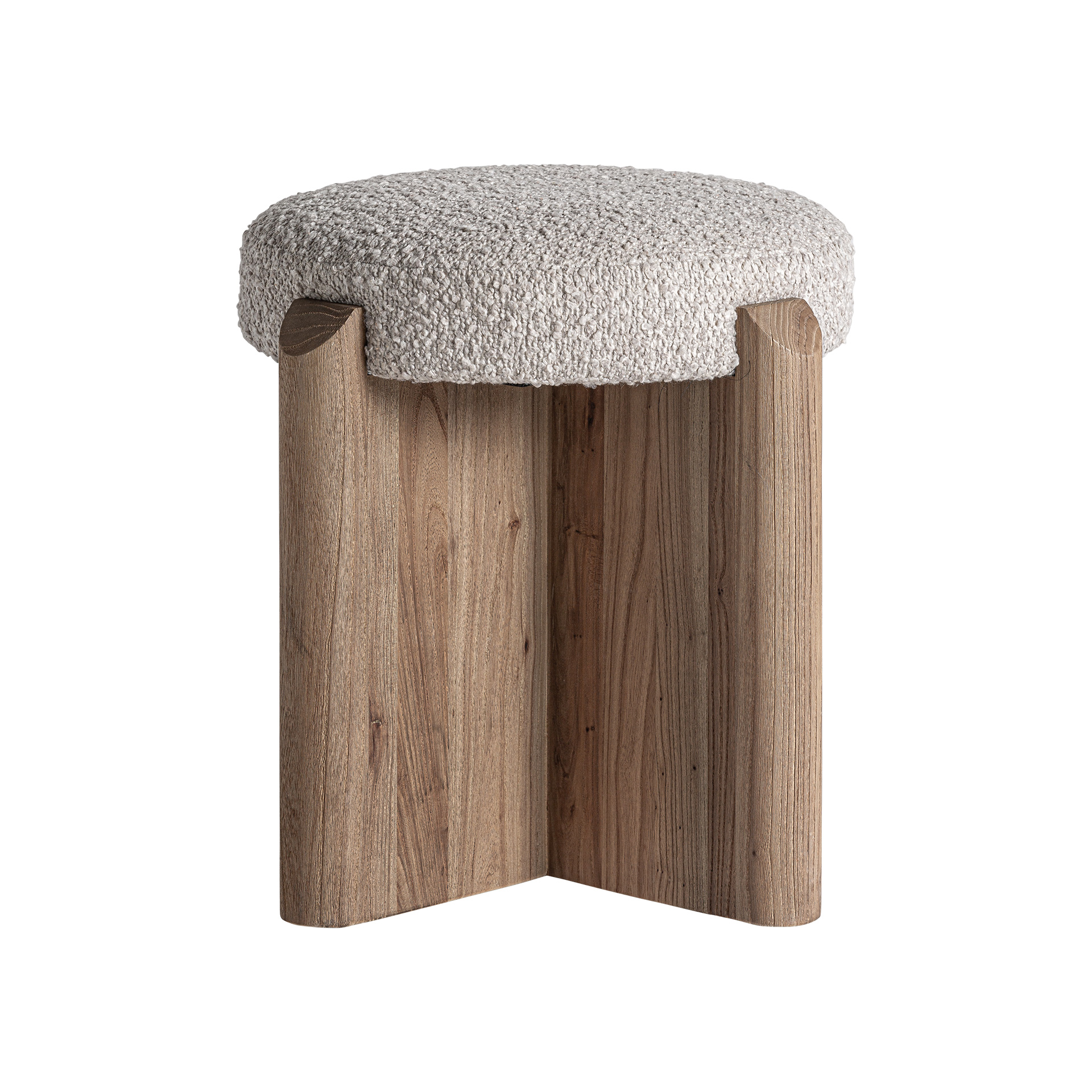 Taburete Jacquard de estilo contemporáneo fabricado en madera de olmo en color marrón claro combinado con poliéster en color beige.