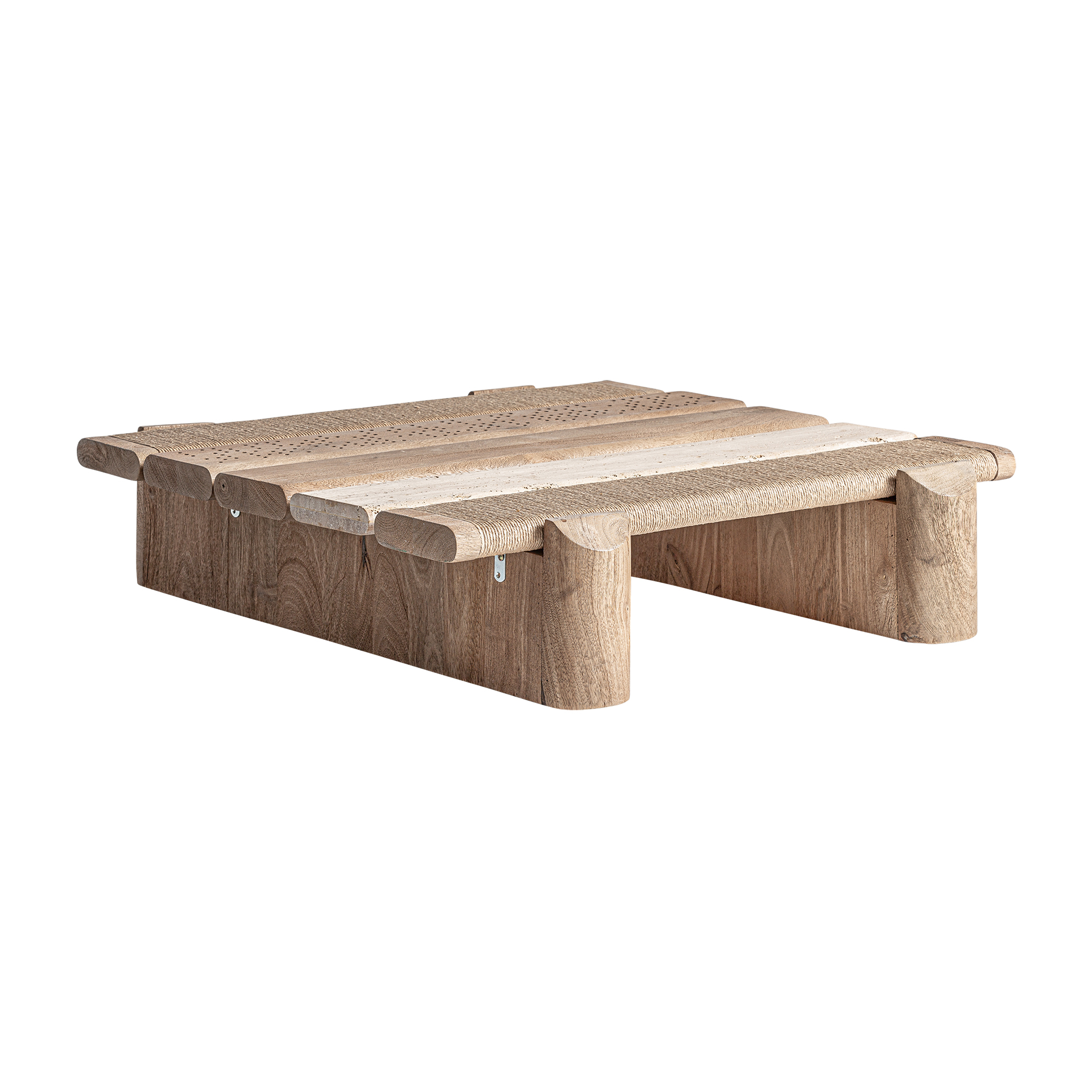 Mesa de centro jacquard de estilo contemporáneo. Fabricado en madera de mango en color marrón claro combinado con mármol en color marrón. Producto desmontable.