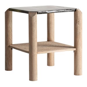 Mesa de centro Jacquard de estilo contemporáneo fabricado en madera de mango en color marrón combinado con vidrio en color transparente.