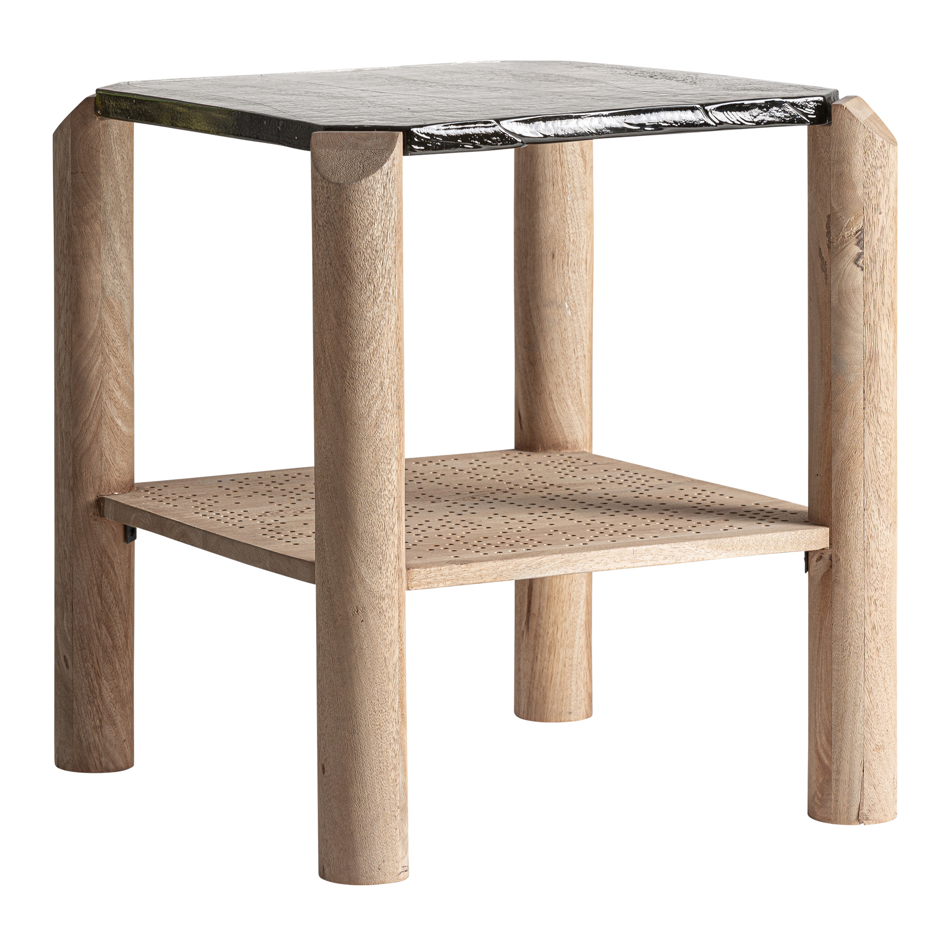 Mesa de centro Jacquard de estilo contemporáneo fabricado en madera de mango en color marrón combinado con vidrio en color transparente.