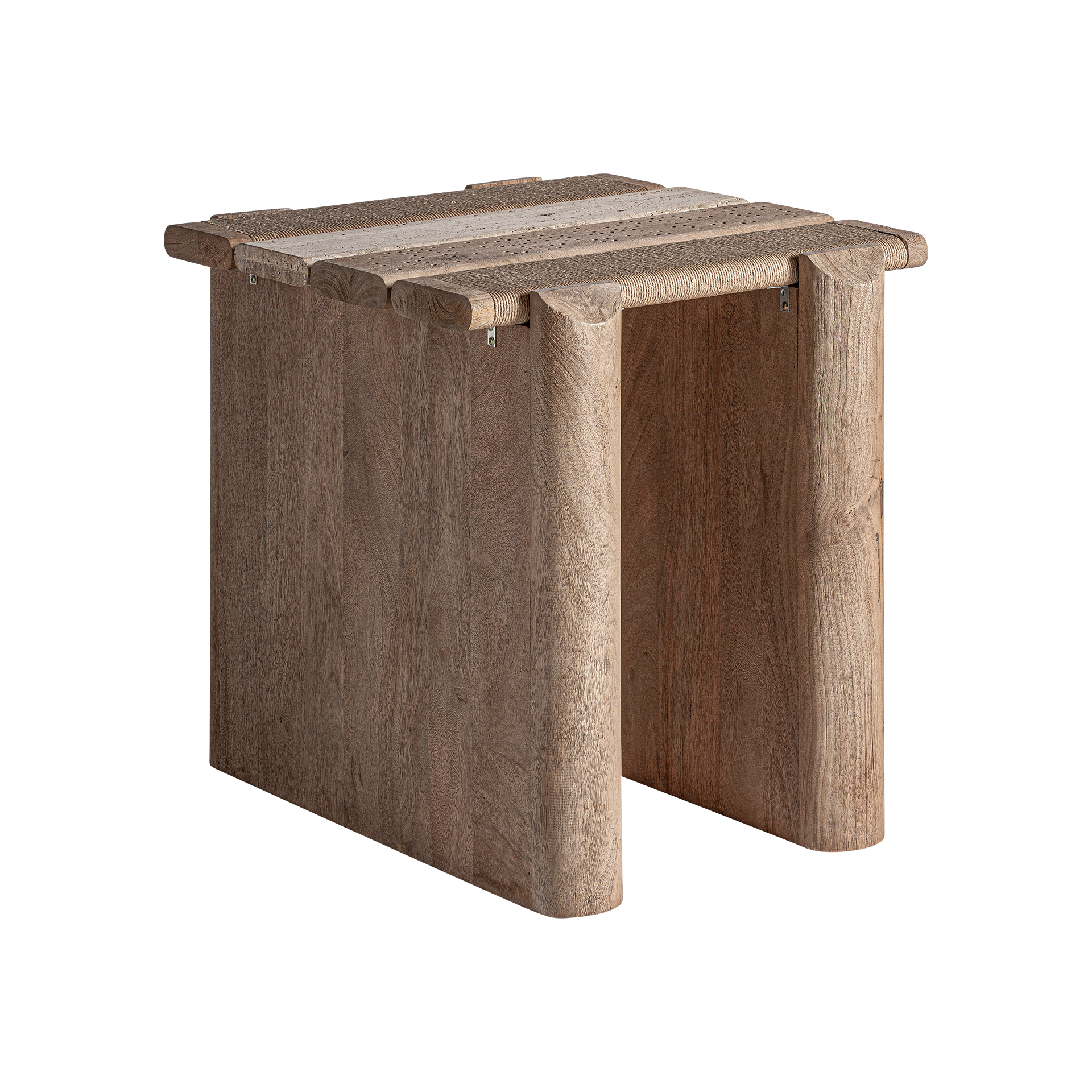 Mesa auxiliar Jacquard de estilo contemporáneo fabricado en madera de mango en color marrón claro combinado con mármol en color marrón. Producto desmontable.