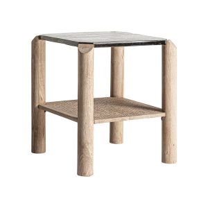 Mesa auxiliar jacquard de estilo contemporáneo. Fabricado en madera de mango en color marrón claro combinado con vidrio en color transparente. Producto desmontable.