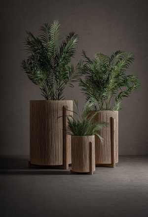 Macetero Jacquard de estilo contemporáneo fabricado en madera de mango en color marrón combinado con rafia en color marrón claro. Producto desmontable.