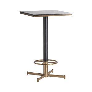 Mesa bar Mhere de estilo art deco fabricado en acero inoxidable en color negro combinado con hierro en color oro y mármol sintético en color negro con acabado veteado.