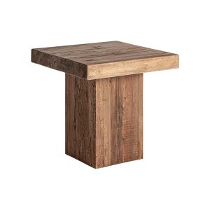 Mesa auxiliar breive de estilo rústico fabricado en madera de pino reciclado en color marrón con acabado envejecido.
