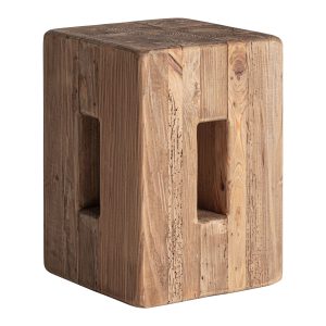 Taburete Celis de estilo étnico fabricado en madera de pino reciclado.