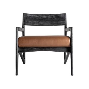 Sillón beslon de estilo contemporáneo fabricado en madera de acacia en color negro combinado con cuero en color marrón.