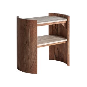 Mesa auxiliar Tivoli de estilo contemporáneo fabricado en travertino en color beige combinado con madera de acacia en color marrón. Producto desmontable.