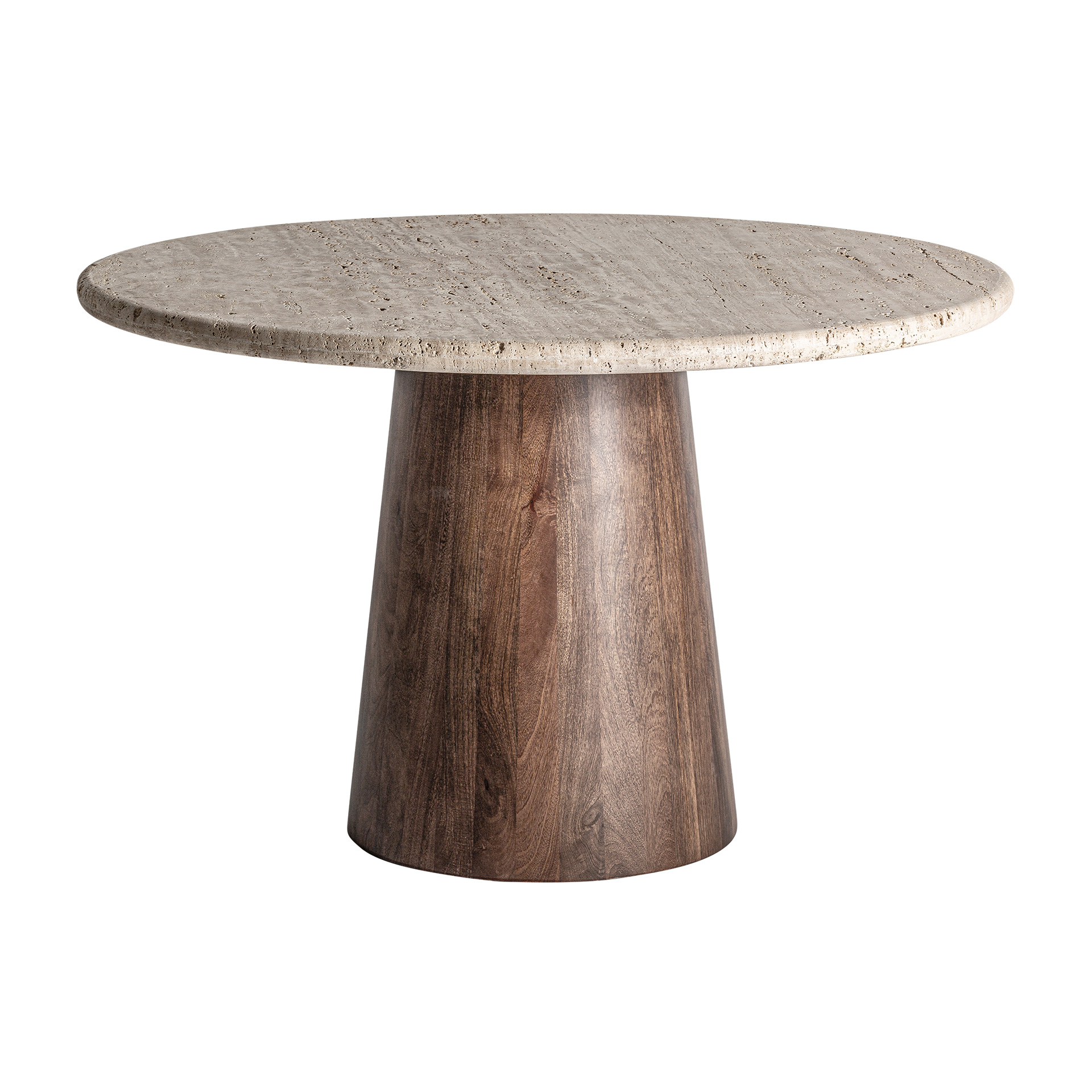 Mesa comedor Varzi de estilo art deco fabricado en travertino en color beige combinado con madera de mango en color marrón. Producto desmontable.