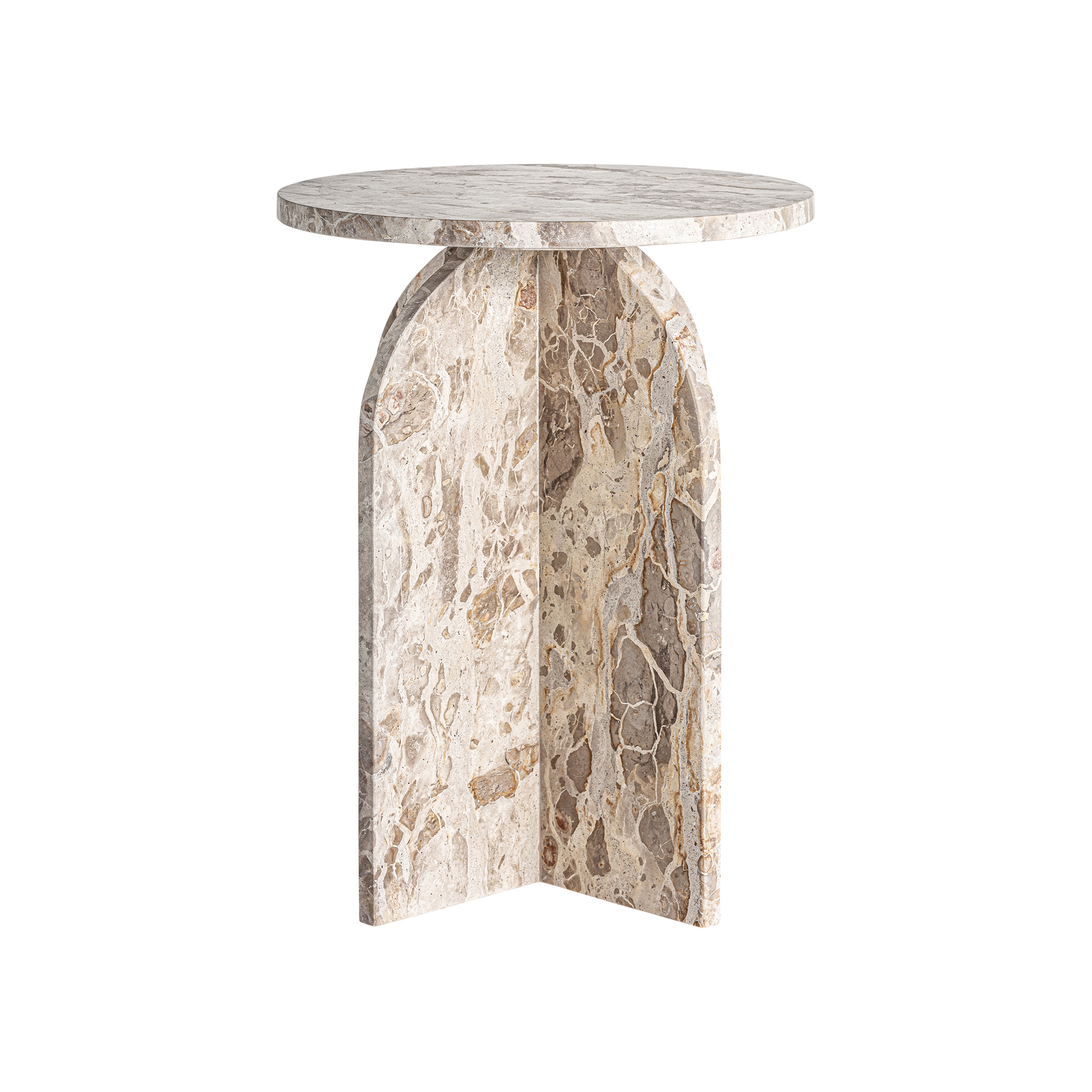 Mesa auxiliar Alessano de estilo art deco fabricado en mármol en color beige.