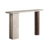 Consola Clare de estilo art deco fabricado en travertino en color beige combinado con madera de mango en color marrón. Producto desmontable.