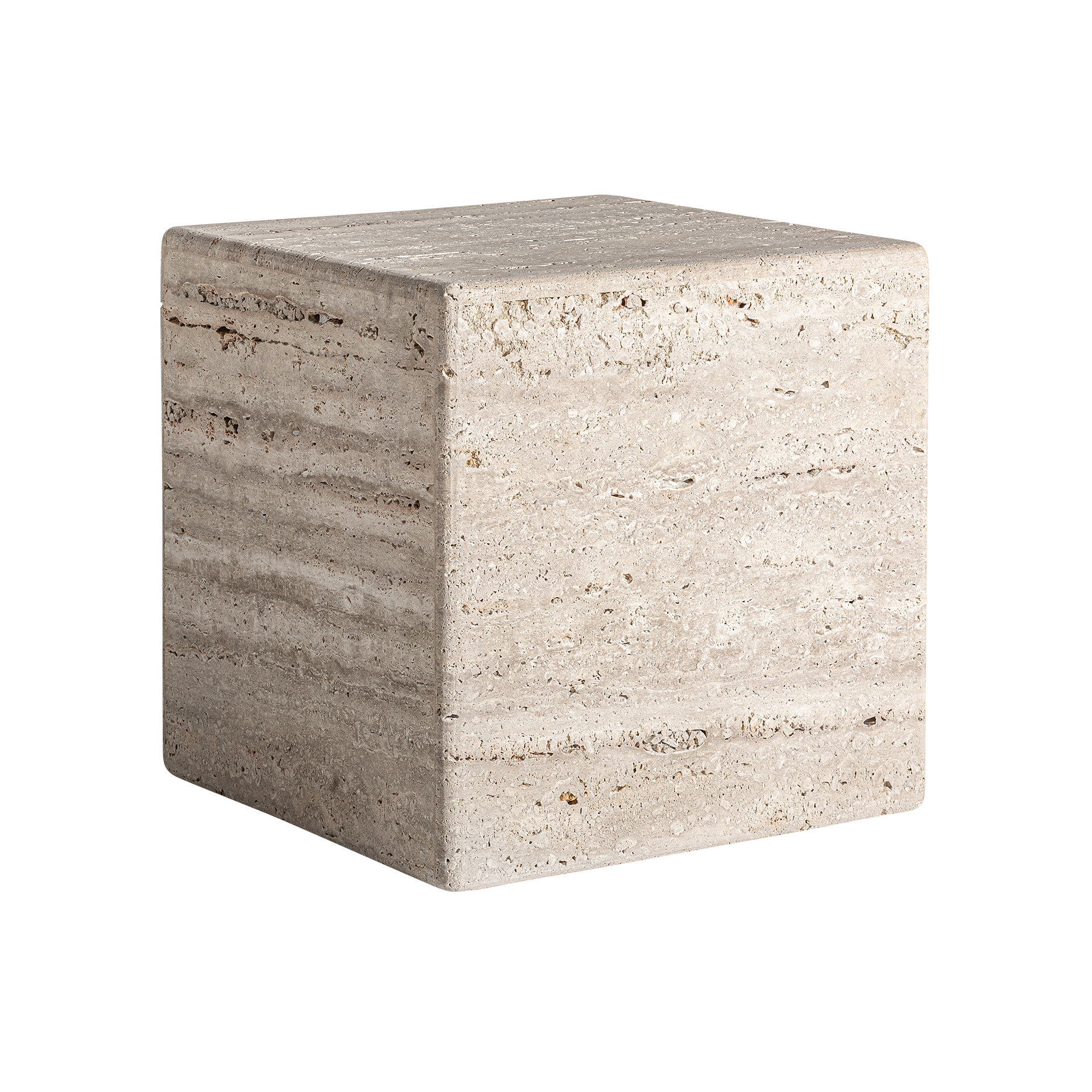 Mesa de centro Rapolano de estilo art deco fabricado en travertino en color beige con acabado mate.