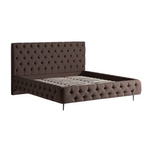 Cama Oslo de estilo provenzal fabricado en tela en color marrón combinado con madera de pino en color marrón y madera mahogani.