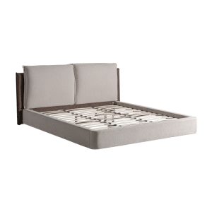 Cama Kioto de estilo contemporáneo fabricado en tela en color beige combinado con tela en color marrón con acabado oscuro y madera de pino en color marrón.
