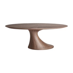 Mesa comedor sittard de estilo contemporáneo fabricado en chapa de nogal en color marrón con acabado natural combinado con madera dm y fibra de vidrio.
