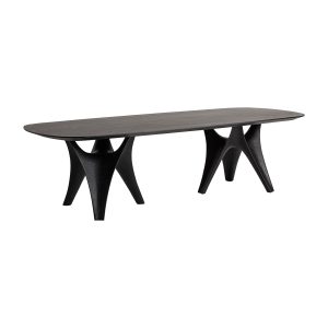 Mesa comedor bilzen de estilo contemporáneo fabricado en chapa de roble en color negro combinado con madera dm y fibra de vidrio.
