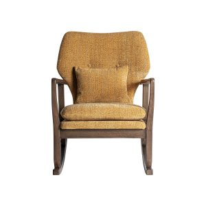 Mecedora kelly de estilo contemporáneo. Fabricado en madera de fresno en color marrón mate combinado con poliéster en color ocre jaspeado.