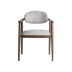 Silla Ternat de estilo contemporáneo fabricado en madera de fresno en color marrón con acabado mate combinado con espuma y poliéster en color gris con acabado jaspeado.