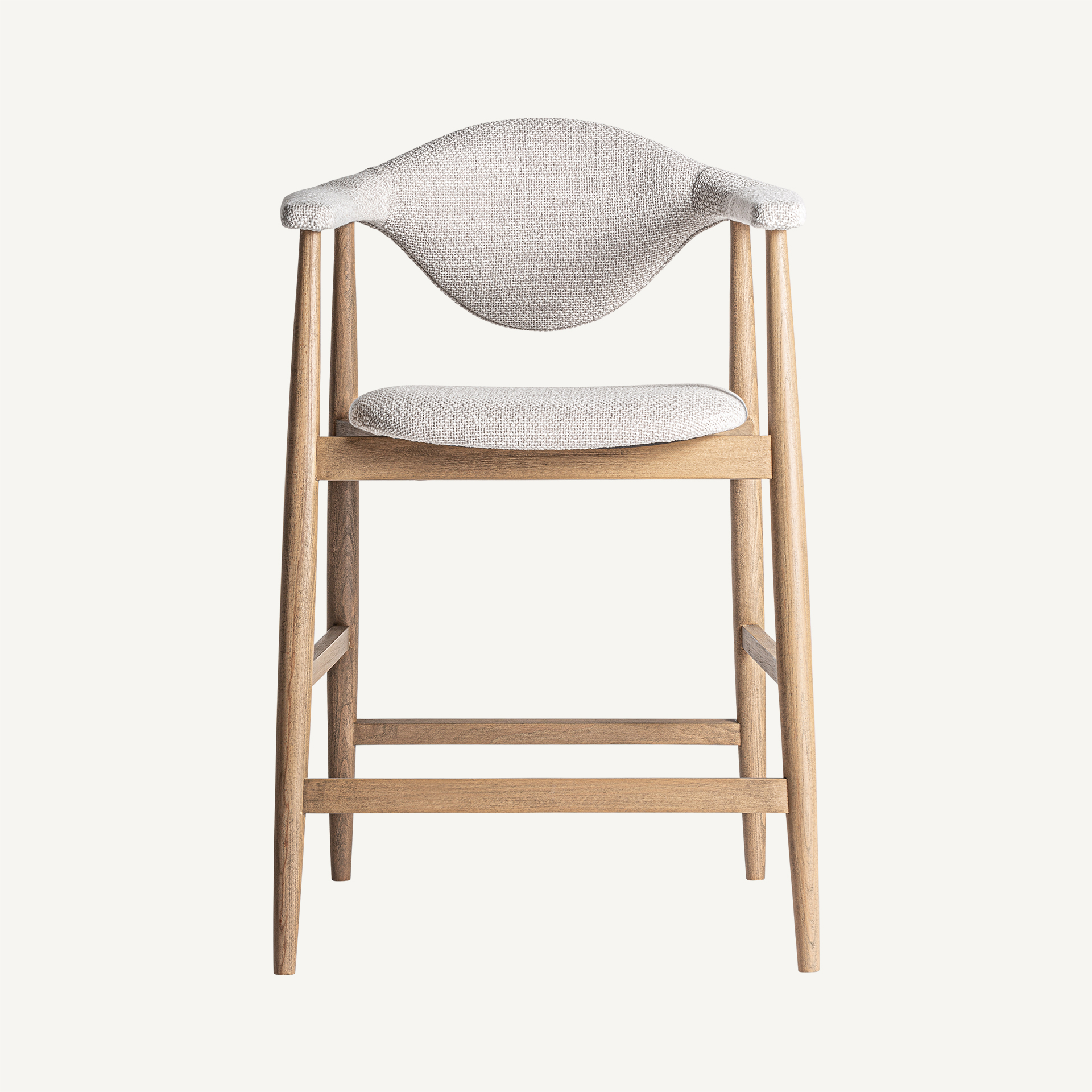 Taburete dilbeek de estilo contemporáneo fabricado en madera de haya en color marrón claro con acabado mate combinado con espuma y poliéster en color gris con acabado jaspeado.