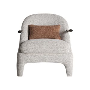 Sillón herzele de estilo contemporáneo fabricado en madera de pino en color marrón combinado con poliéster en color gris con acabado jaspeado y metal en color negro.