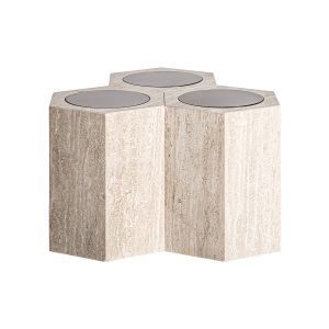 Mesa de centro Thiennes de estilo art deco fabricado en travertino en color marrón claro combinado con cristal en color verde.