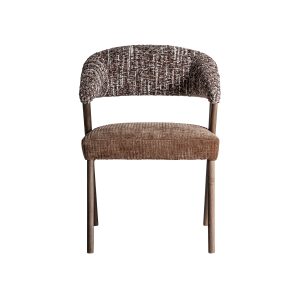 Silla Veney de estilo contemporáneo fabricado en poliéster en color marrón con acabado jaspeado combinado con madera roble en color marrón y madera de caucho.