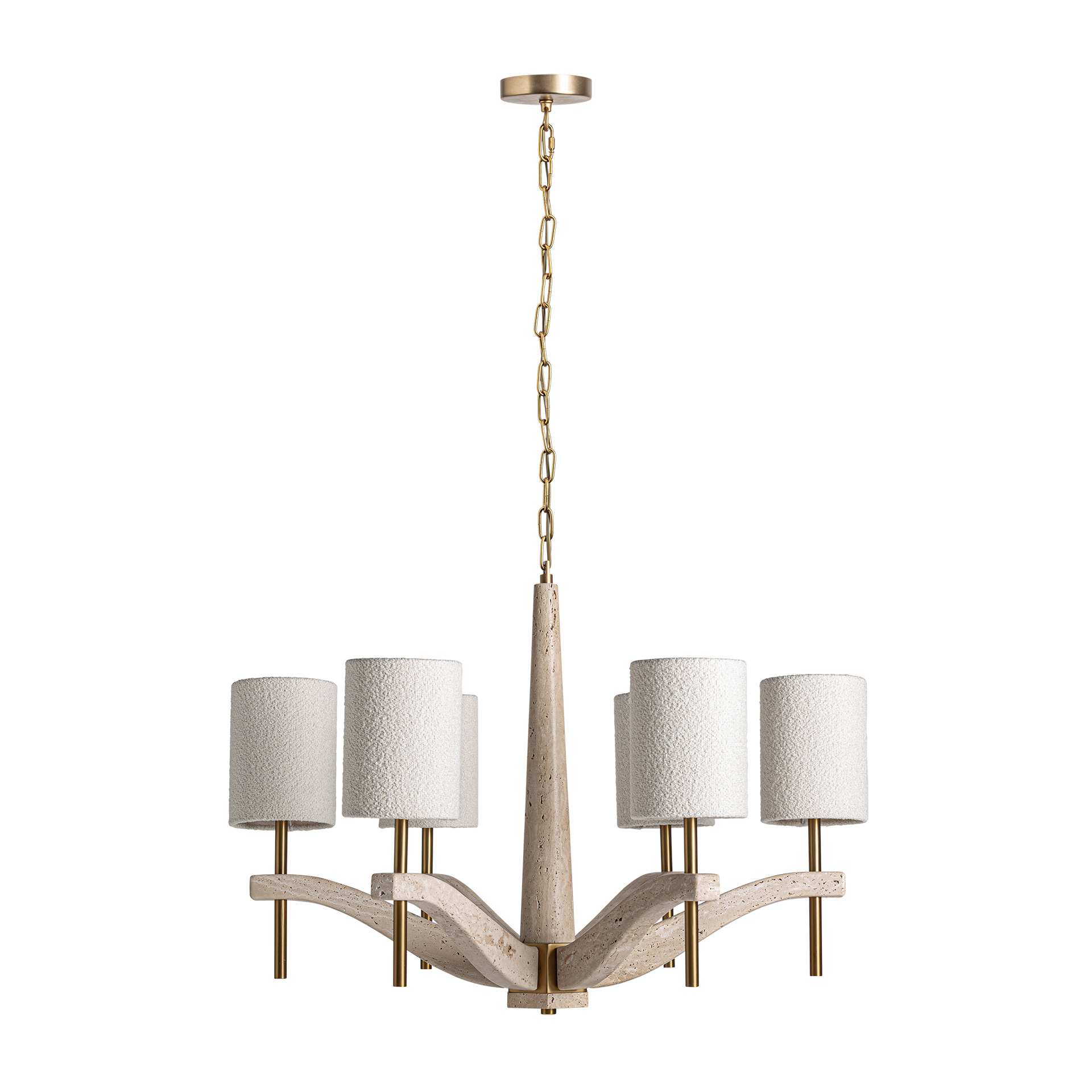 Lámpara de colgar fabricado en mármol en color beige combinado con metal en color dorado y poliéster en color blanco roto.